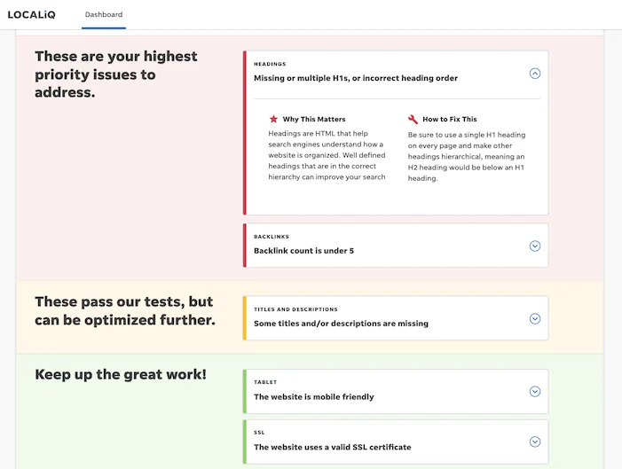 seo optimization tools localiq website grader sample report